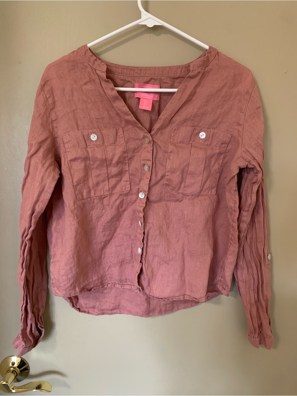 isaac mizrahi Large 100% Linen Top Blush Pink Long Sleeve Button Down Size S